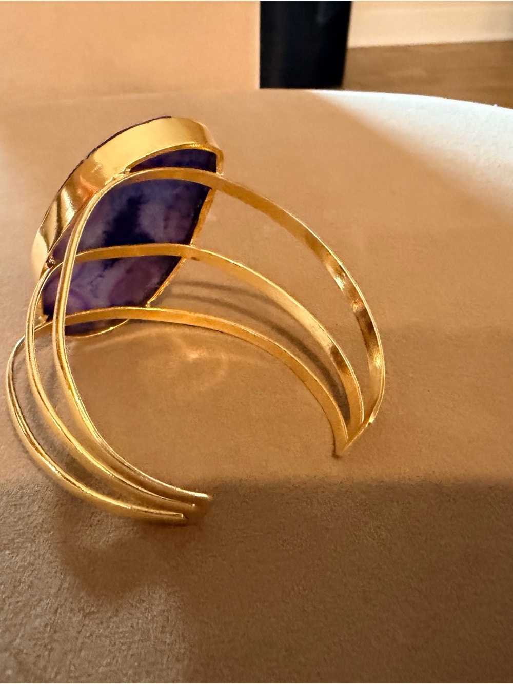 Gold Cuff Bracelet with Purple Agate Stone - Picture 2 of 2